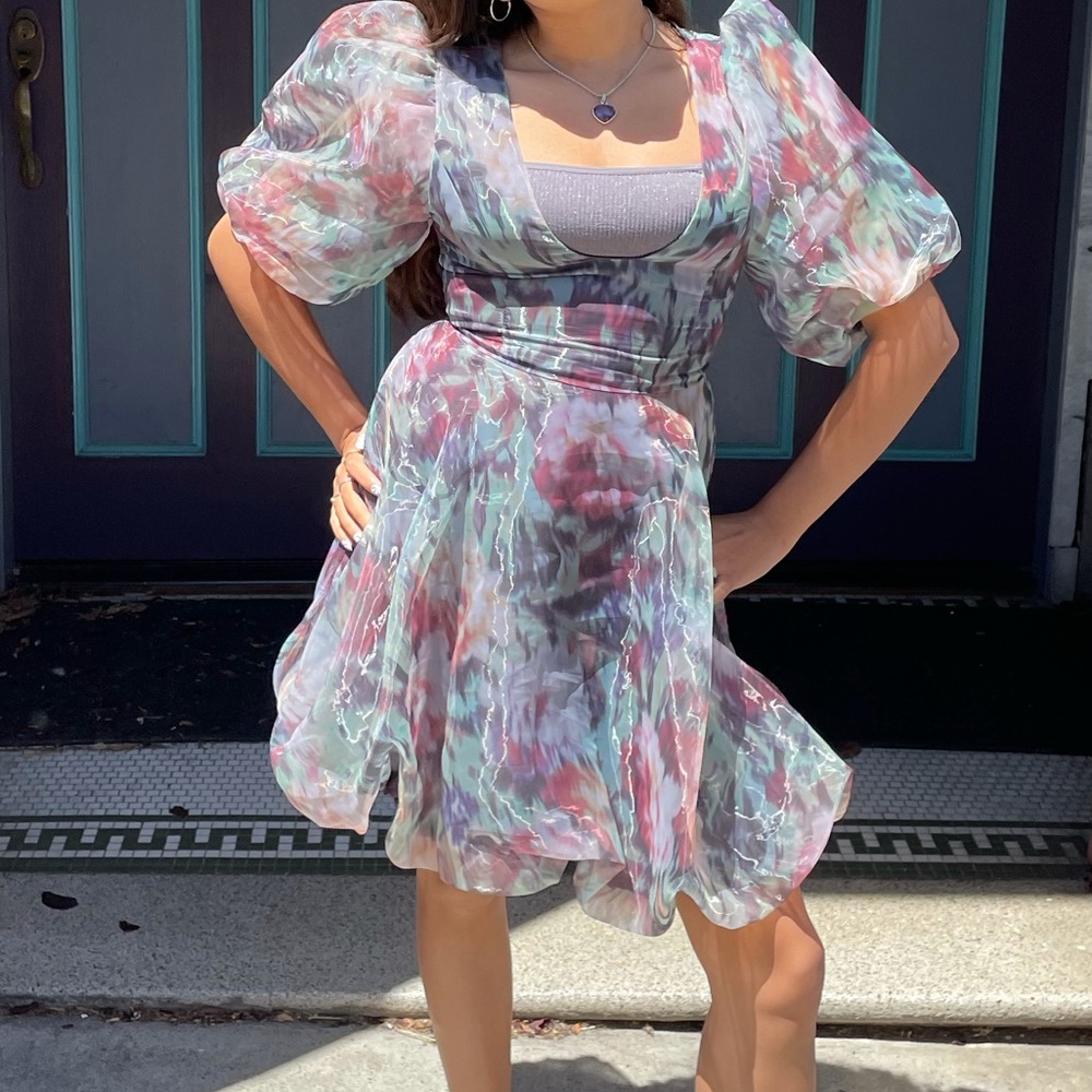 urban outfitters watercolor puff sleeve dress